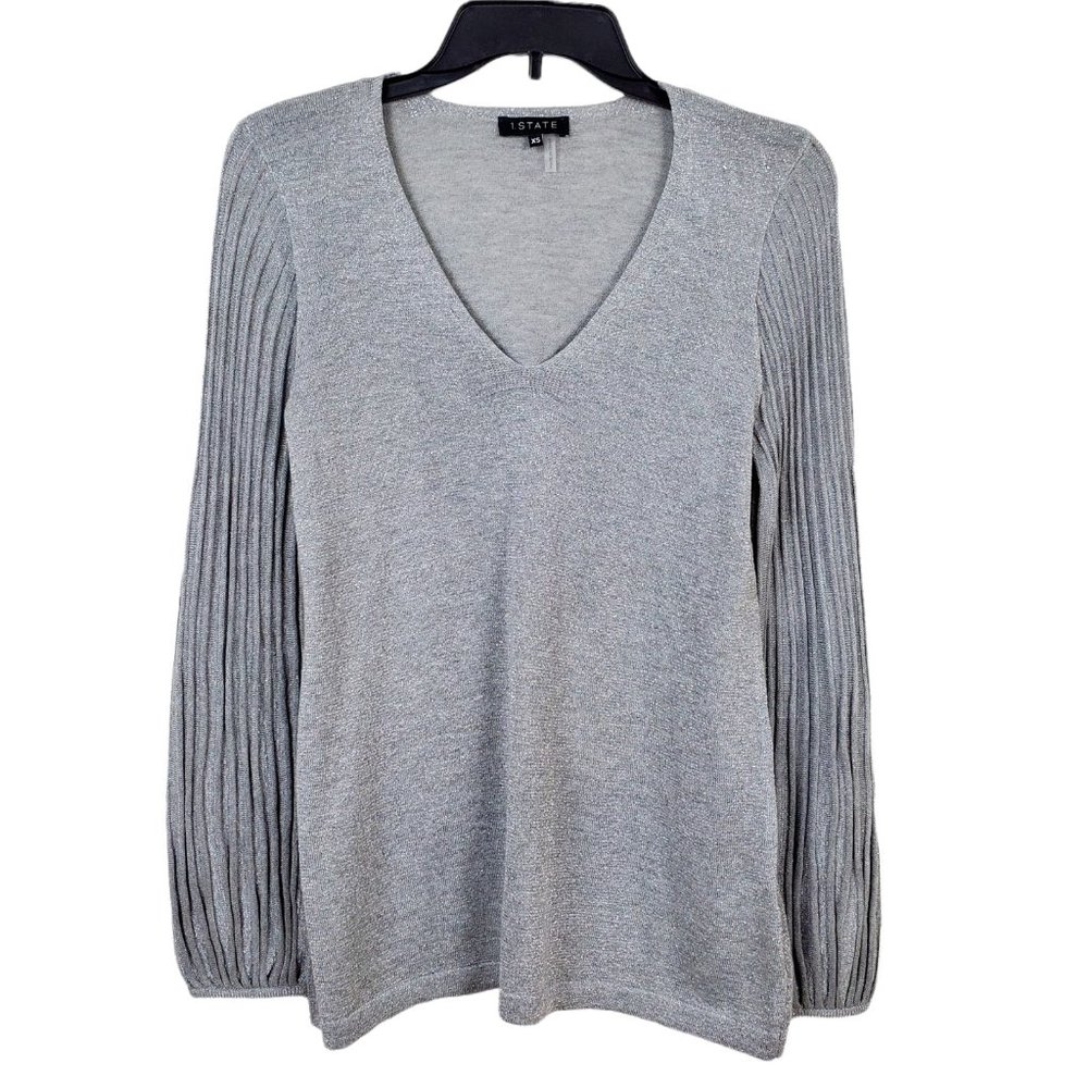 1.State Metallic Knit Top XS Semi-Sheer Heather Gray V-Neck Ribbed Sleeve